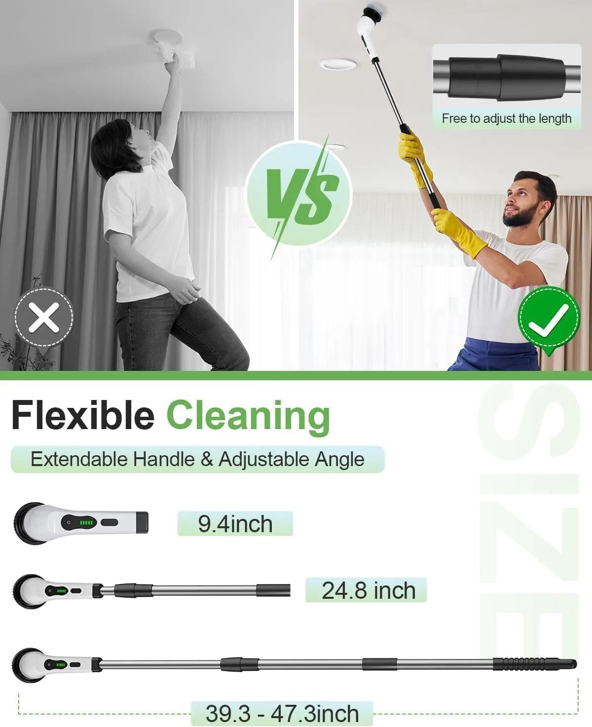 Electric Spin Scrubber for Bathroom, Floor & Tile Cleaning – Cordless Power Scrubber with 8 Replaceable Heads, Adjustable Handle, 300/400 RPM, 90-Min Battery