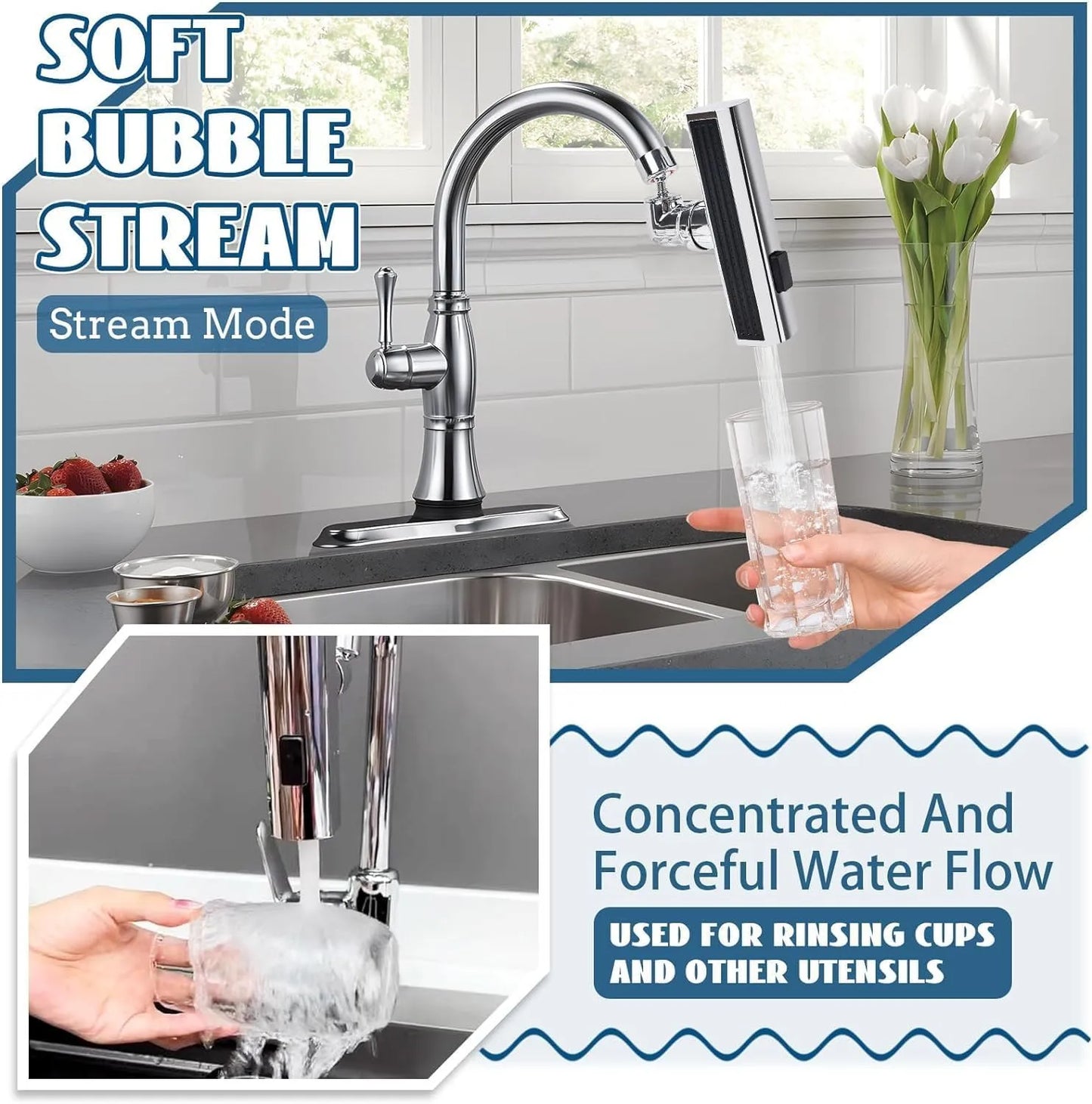 KingFlow Kitchen Faucet 4 Modes – 360° Swivel Faucet Extender & Splash-Proof Tap Attachment | Multi-Function Sink Nozzle for Washing Vegetables & Dishes