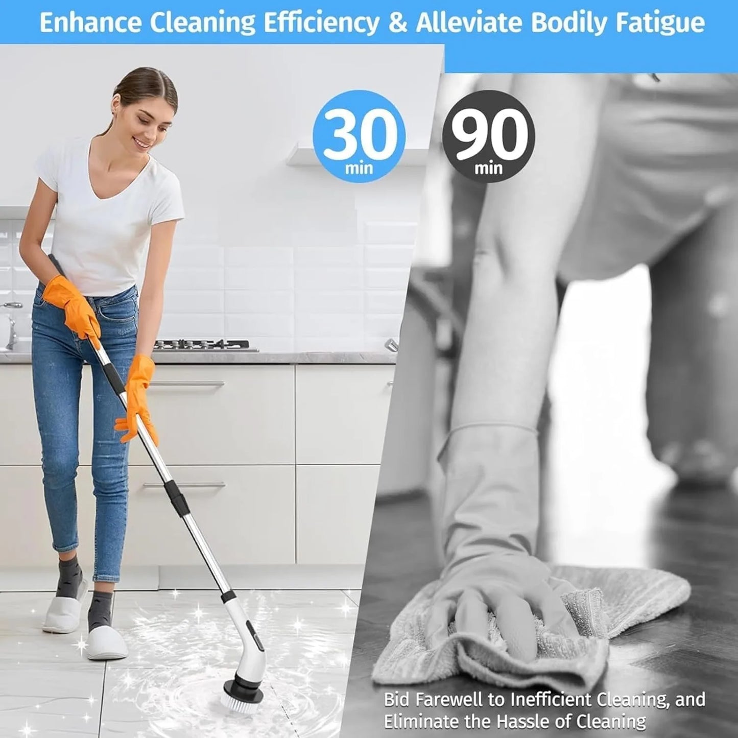 Electric Spin Scrubber for Bathroom, Floor & Tile Cleaning – Cordless Power Scrubber with 8 Replaceable Heads, Adjustable Handle, 300/400 RPM, 90-Min Battery