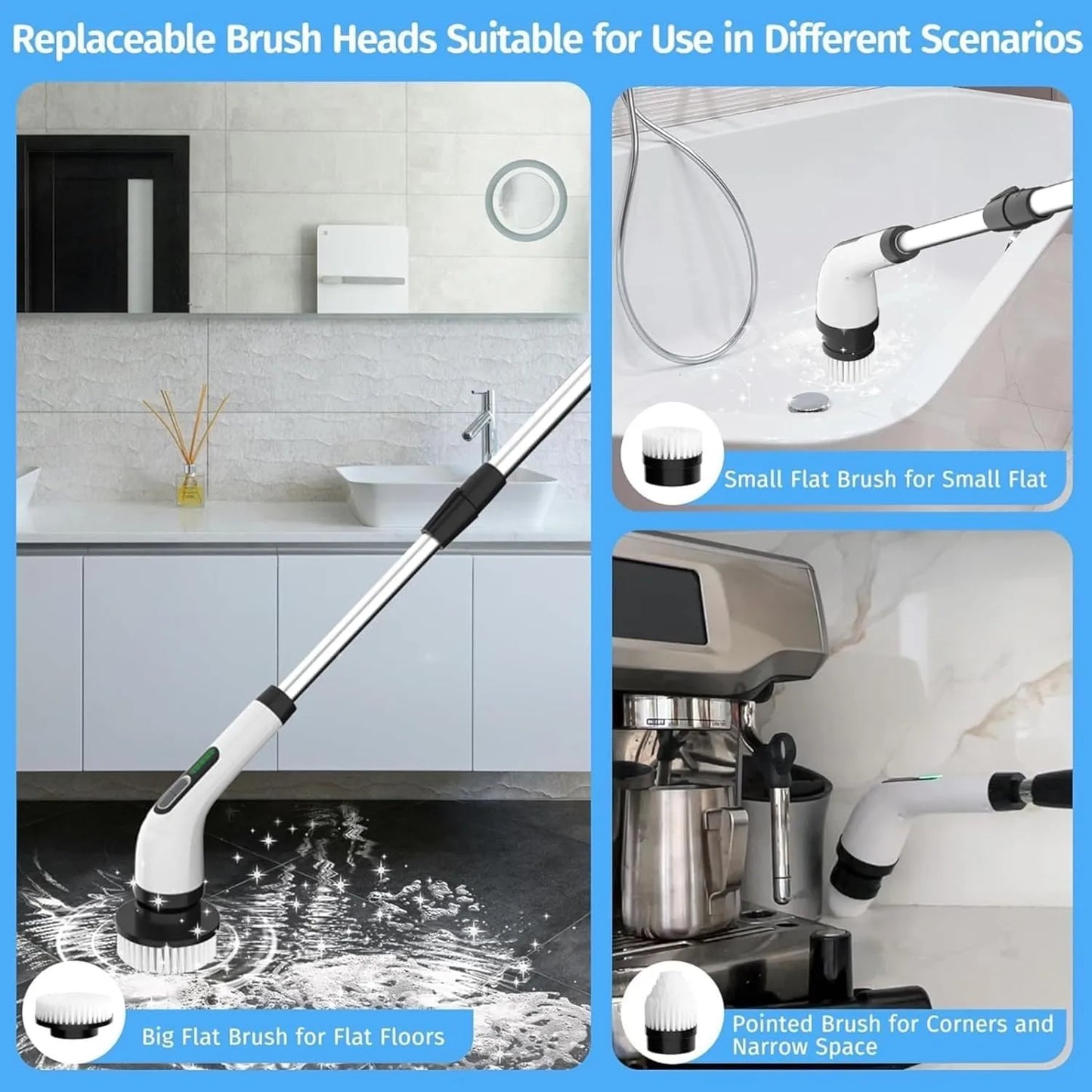 Electric Spin Scrubber for Bathroom, Floor & Tile Cleaning – Cordless Power Scrubber with 8 Replaceable Heads, Adjustable Handle, 300/400 RPM, 90-Min Battery