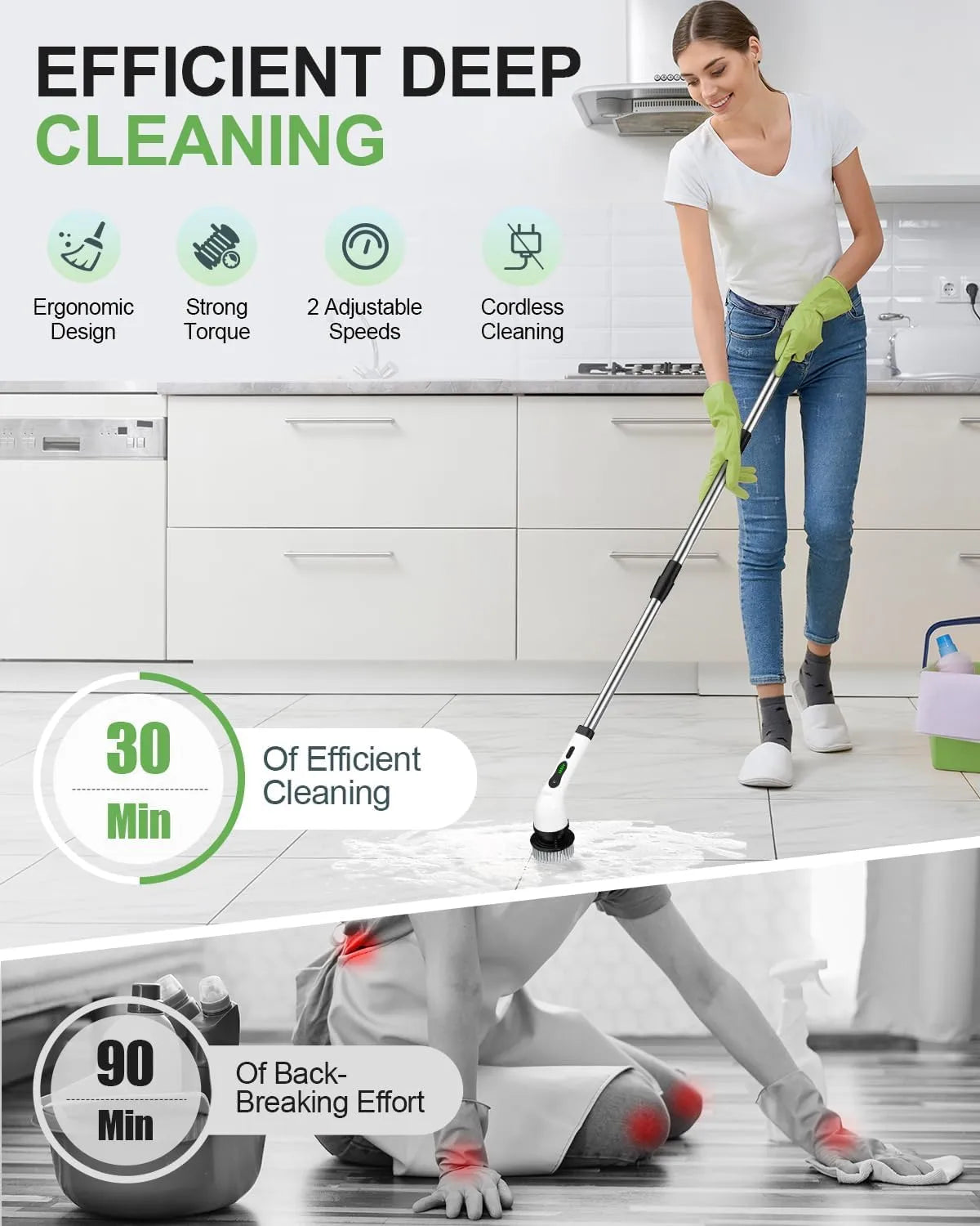 Electric Spin Scrubber for Bathroom, Floor & Tile Cleaning – Cordless Power Scrubber with 8 Replaceable Heads, Adjustable Handle, 300/400 RPM, 90-Min Battery
