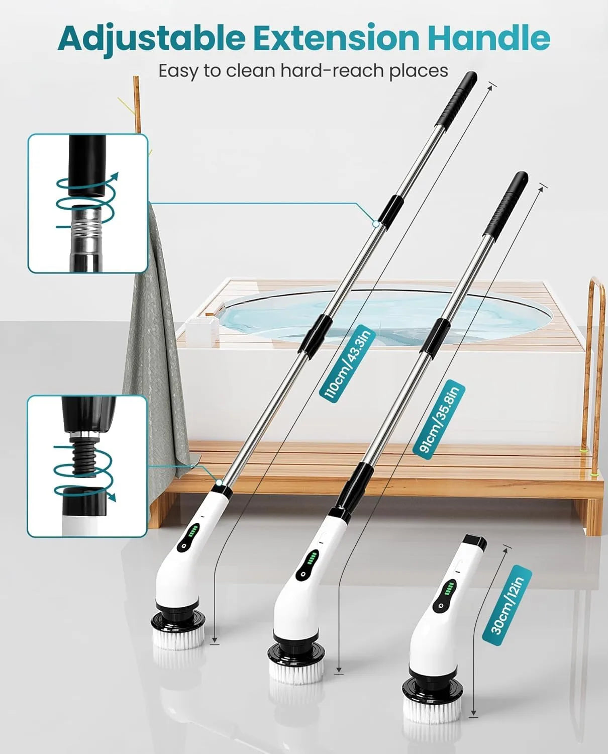 Electric Spin Scrubber for Bathroom, Floor & Tile Cleaning – Cordless Power Scrubber with 8 Replaceable Heads, Adjustable Handle, 300/400 RPM, 90-Min Battery