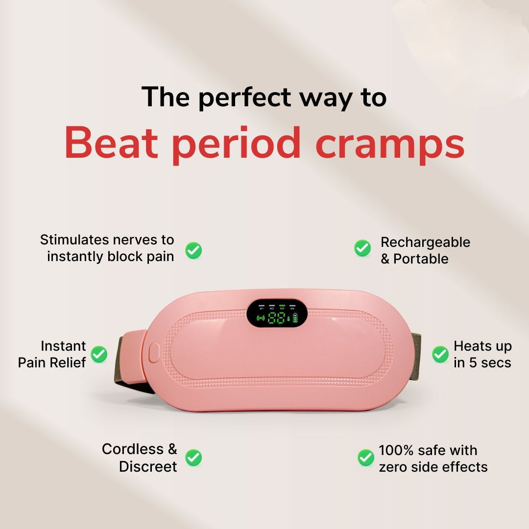 Period Cramps Massager - with 4 vibration modes, 3 heating modes and all size adjustable belt perfect for period pain relief
