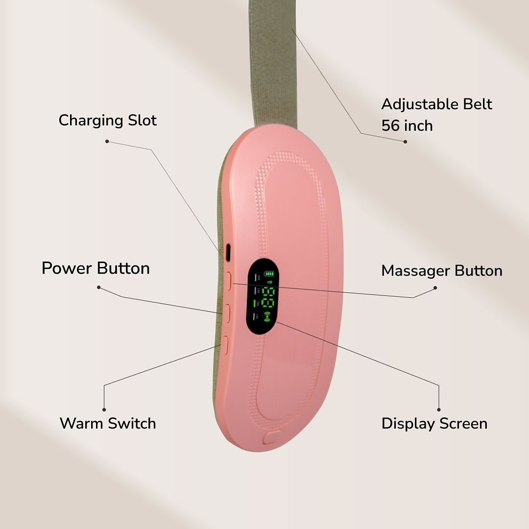Period Cramps Massager - with 4 vibration modes, 3 heating modes and all size adjustable belt perfect for period pain relief