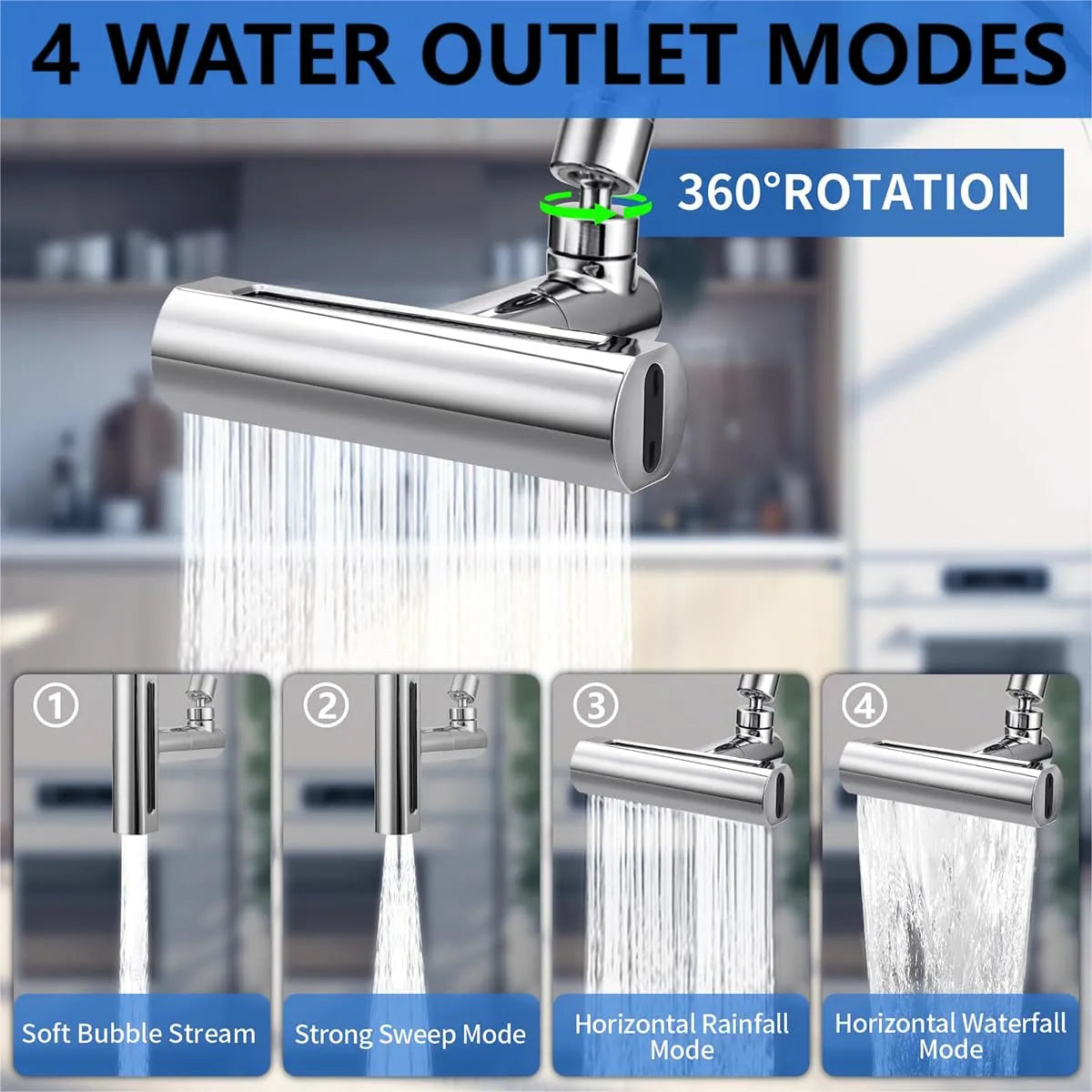 KingFlow Kitchen Faucet 4 Modes – 360° Swivel Faucet Extender & Splash-Proof Tap Attachment | Multi-Function Sink Nozzle for Washing Vegetables & Dishes