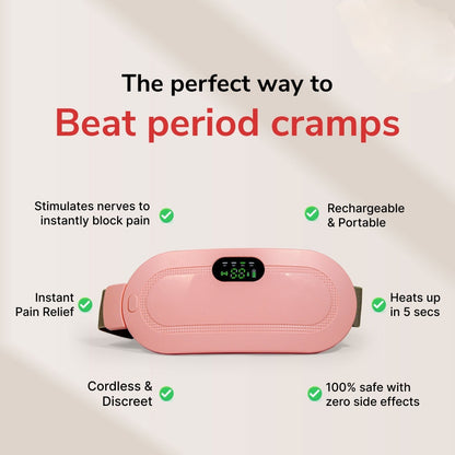 Period Cramps Massager - with 4 vibration modes, 3 heating modes and all size adjustable belt perfect for period pain relief
