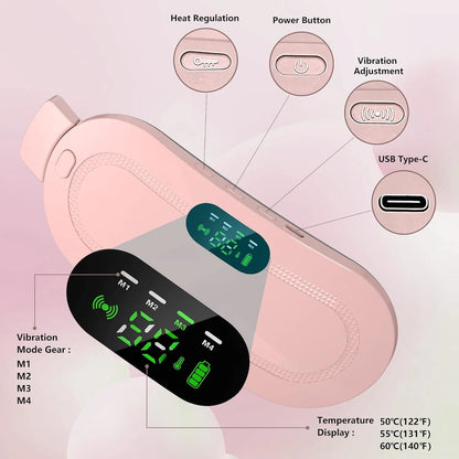 Period Cramps Massager - with 4 vibration modes, 3 heating modes and all size adjustable belt perfect for period pain relief